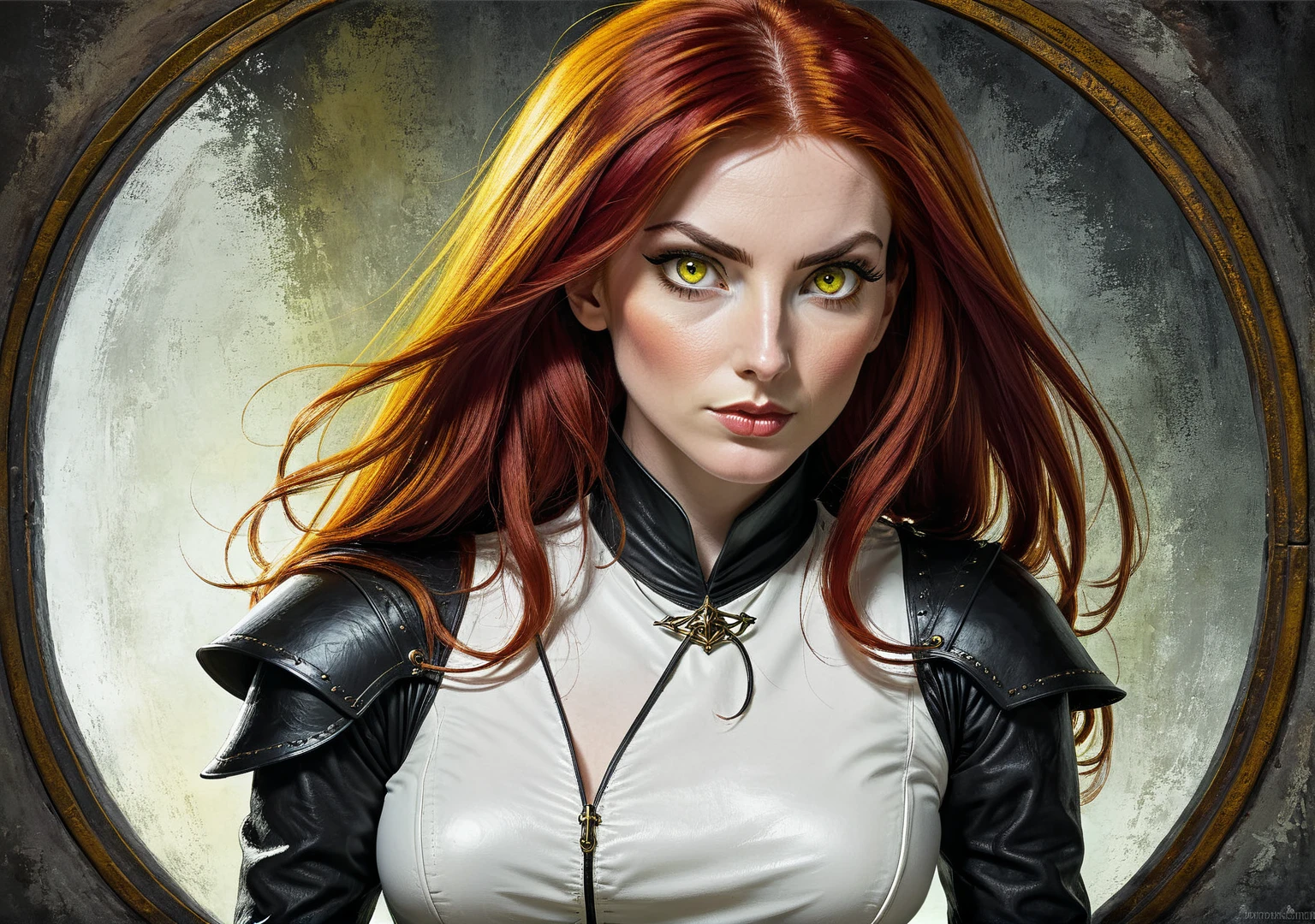 Woman, witch, caucasiana, 33 years old, Red hair, "straight and loose hair", yellow color eyes,  Oval face, he would be, arched eyebrow, medieval style white leather clothing, black leagwear, manipulates light, drawning.