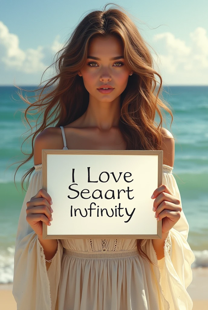 Beautiful girl with wavy long hair, bohemian dress, holding a white board with text "I Love Seaart Infinity" and showing it to the viewer