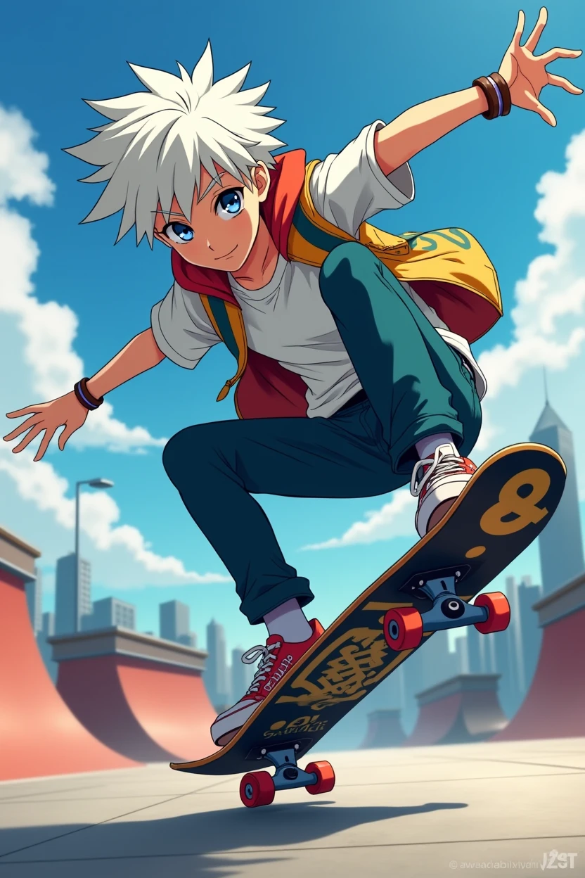 A stitch of SK8 Infinity, with the following features:
White hair Lead eyes Slim and handsome face ager 17 yter clothes