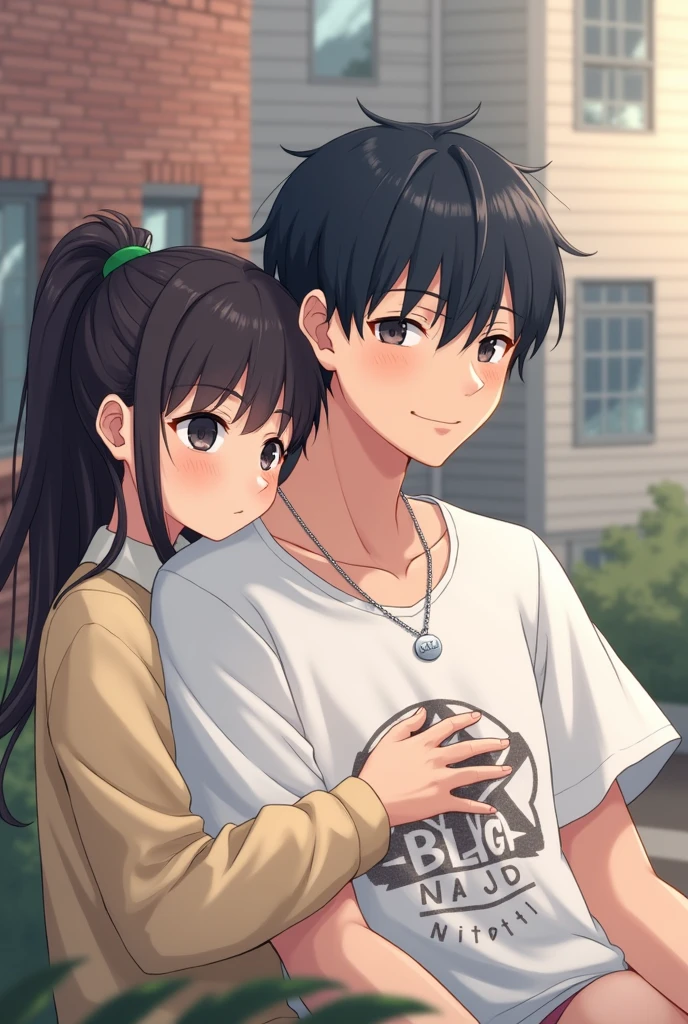The girl has her dark hair pulled back and rests her head on the boy's shoulder..
He has short dark hair, He wears a white t-shirt with a graphic design and wears a silver necklace with a circular pendant. Both are outdoors, and in the background you can see brick buildings and a light-colored house with windows