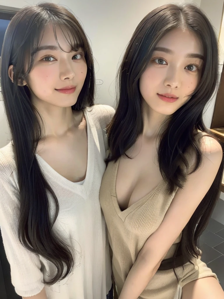 (masterpiece:1.3), (8K, Photoreal, Raw photo, best image quality: 1.4), Japanese high school girl、Similar identical twins、2 girls、(random hairstyle:1.2)、cleavage:1.2、super detail face、eye for details、double eyelid、chest to chest、sharp focus:1.2、Beautiful woman:1.4、light brown hair、highest quality、masterpiece、Super high resolution、(Photoreal:1.4)、Highly detailed and professionally lit smiles、loose and light knitwear, Two girls whose faces, figures, and standing positions are perfectly copied like the virtual image reflected in the mirror and the real image.,To her rightside there is a mirror in which she sees herself., all girls are exactly the same face