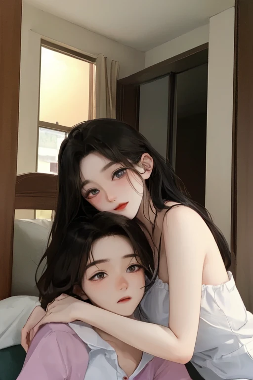 mom,A beautiful young lady in her 20s,Handsome young son aged 8yo,hug,Kissing naked,