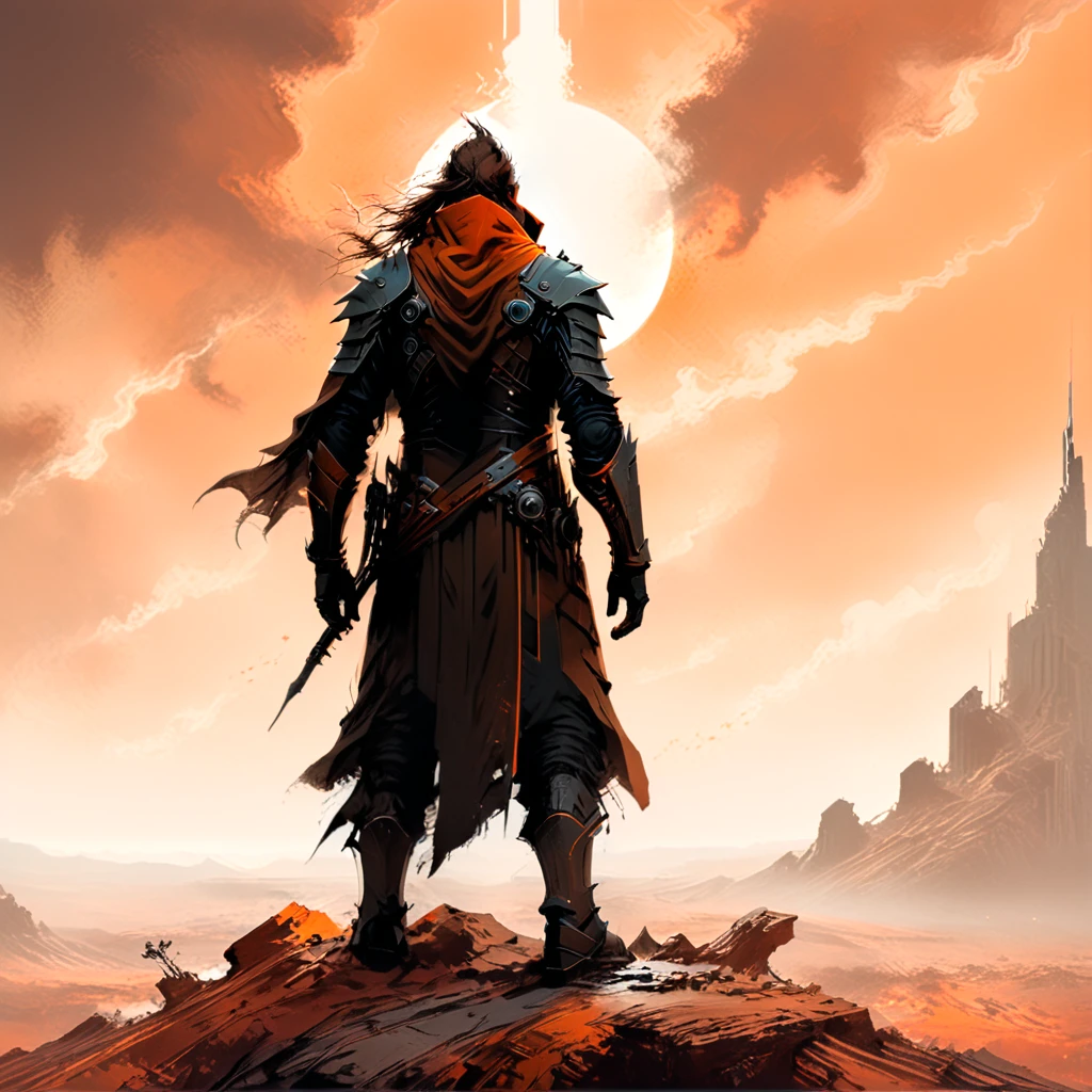 axe-spire dusty brown orange man standing on the edge of horizon looking at the viewer, sci fi art style of the masters,