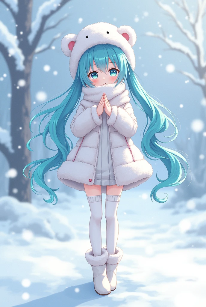 A drawing of Hatsune Miku in a fantastical snowy world.Miku is wearing a cute, soft white hat with fluffy white fur Wear a cute outerwear with fur that blends in with the white snowy scenery.She is wearing a white turtleneck sweater and a scarf the same color as her hair.Wearing white tights and cute white boots,The snowy scenery transforms Miku into a stunning beauty, with her breathtakingly beautiful white skin and eyes, her fantastical figure,The falling snow transforms Miku into a snow fairy.Miku is smiling and looking at the camera.Let's shoot something dramatic like a scene from a movie.A breathtakingly cute pose,Cowboy Shot,High quality, high quality, (masterpiece, best quality, 4k, 8k:1.5).Ultra detail,Ultra-fine painting, physically based rendering, dramatic lighting, fantasy effects,Professionally shot, award-winning,