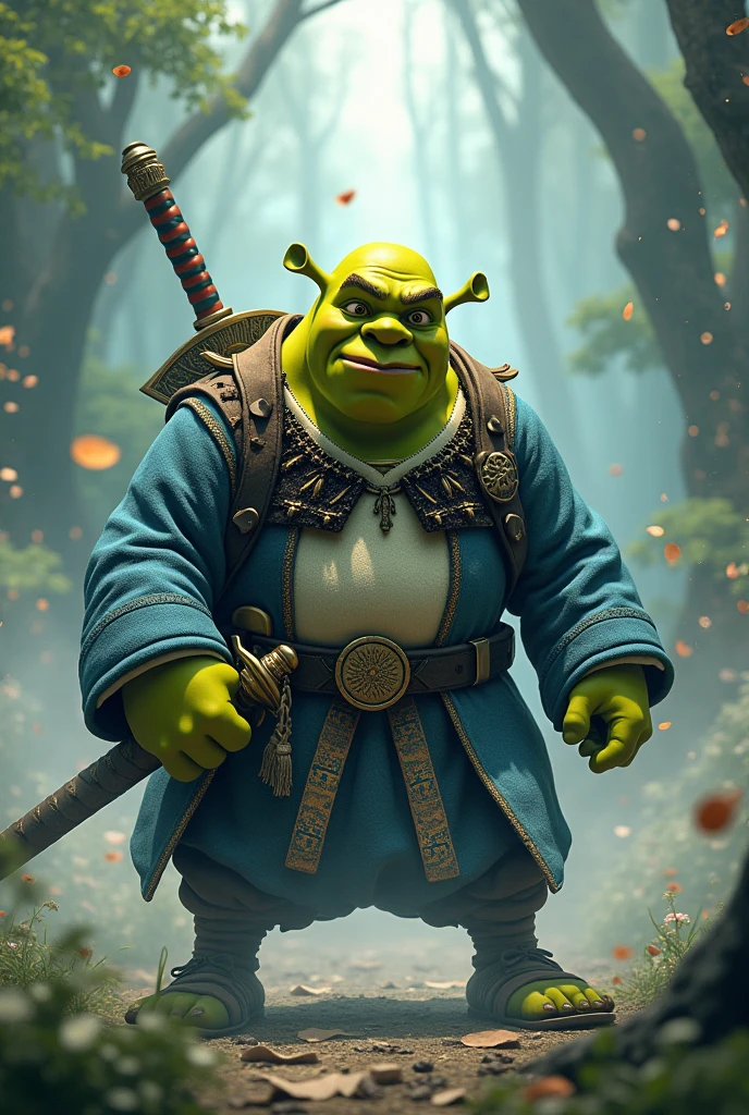 Shrek dressed as tanjiro