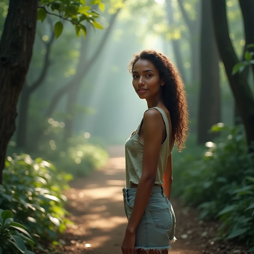 Create A 35 year old woman, with Brazilian facial features, standing at the beginning of a trail in a forest, looking at front. The image must have natural lighting, with shades of green and light blue, conveying tranquility and hope, without explicit mystical elements.
