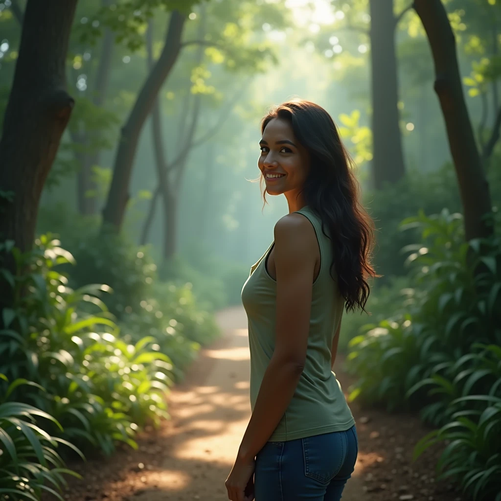 Create A 35 year old woman, with Brazilian facial features, standing at the beginning of a trail in a forest, looking at front. The image must have natural lighting, with shades of green and light blue, conveying tranquility and hope, without explicit mystical elements.