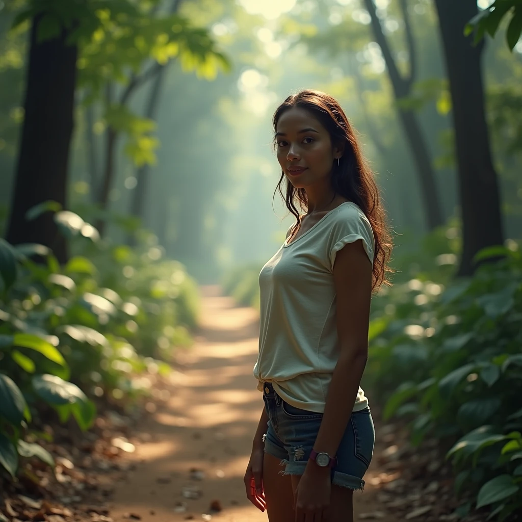 Create A 35 year old woman, with Brazilian facial features, standing at the beginning of a trail in a forest, looking at front. The image must have natural lighting, with shades of green and light blue, conveying tranquility and hope, without explicit mystical elements.