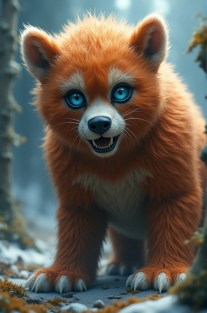creates a monstrous and terrifying and beautiful yeti girl at the same time also her fur is reddish blonde and 
 He has light blue eyes