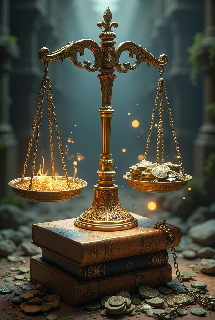 The ancient scale with one side full of books, ideas and bright lights and the other side with broken chains, money and worldly pleasures symbolizing purification and intellectual growth in the face of worldly temptations.