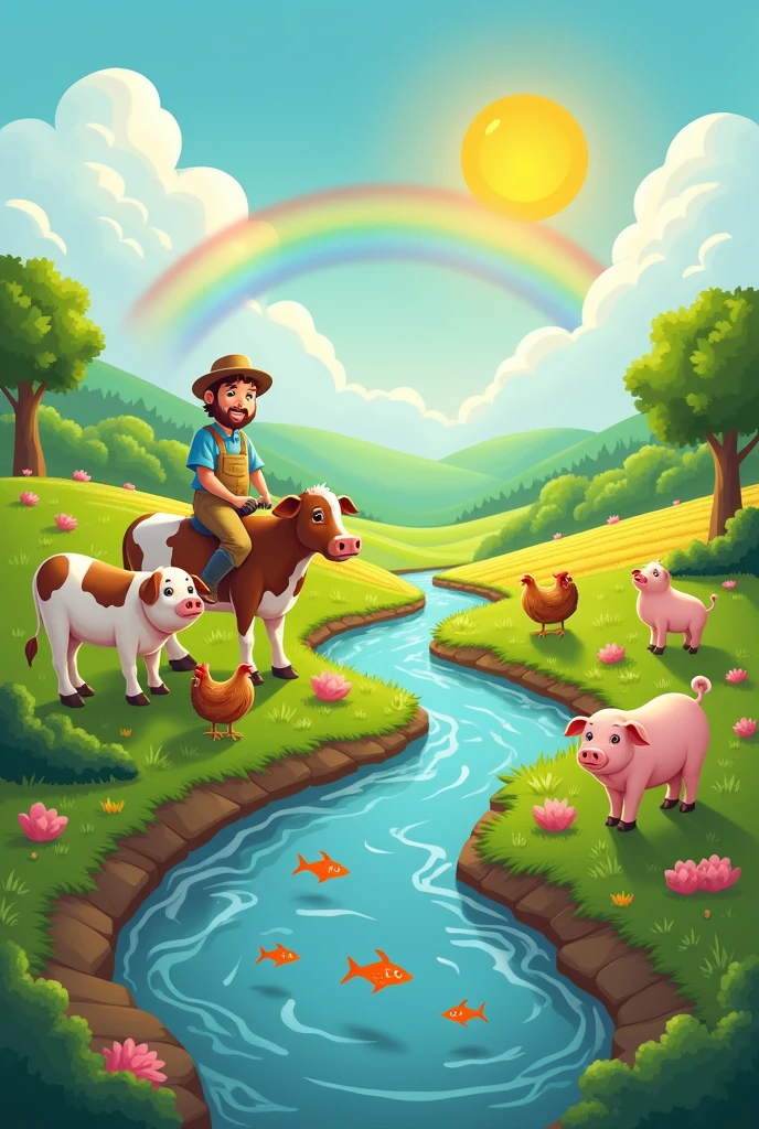 Field worker surrounded by cows, pigs and chickens a cultivated field where there is also a river with little fish a sun a rainbow