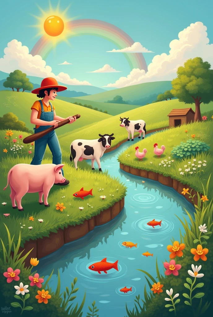 Field worker surrounded by cows, pigs and chickens a cultivated field where there is also a river with little fish a sun a rainbow