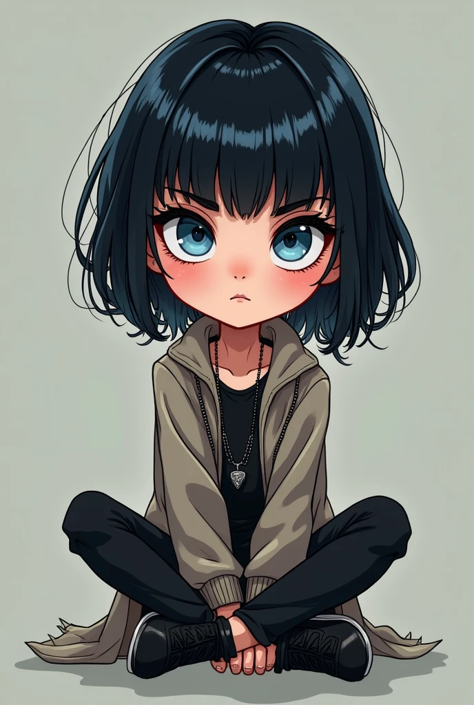 gender:Girl Eye Color:Blue Eyes Hairstyle:Bob hair color:Black hair with light gray hair gradation color:Cool and stylish clothes:Parker style:Deformed illustration system:Sitting with legs stretched out