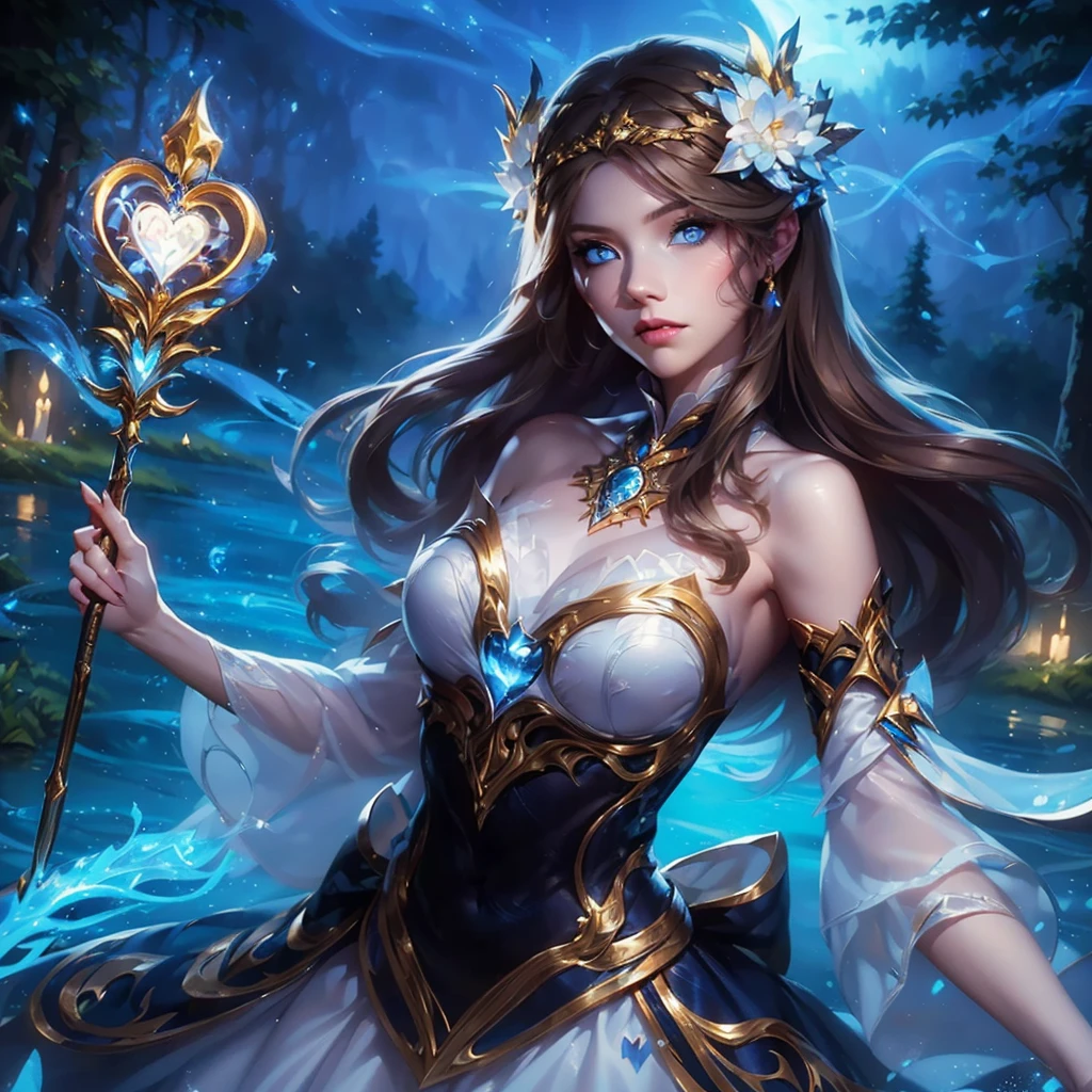 a young woman with pale skin, long blonde hair, (blue eyes:1.6), high cheekbones, slender figure,wearing a white gold and black dress, (holding a magic wand with a heart-shaped tip that emits blue flames:1.3), standing in a night scene with a lake and forest in the background, dramatic lighting, fantasy, highly detailed, photorealistic, 8k