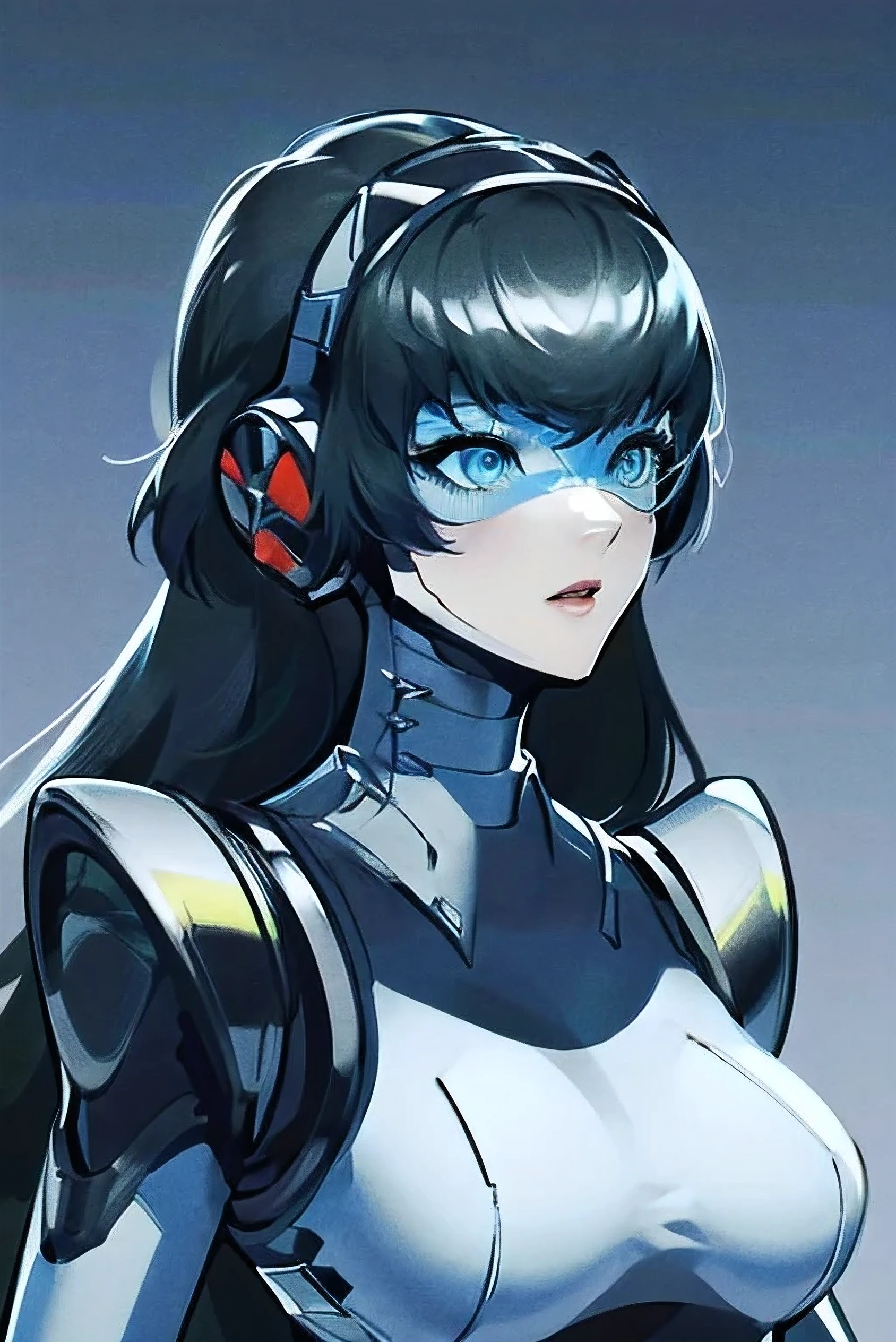 empty eyes,robotized woman ,big bust,Robot Joint ,Metal skin,Black Suit,long hair,a suit that covers the whole body,aegis(persona3)