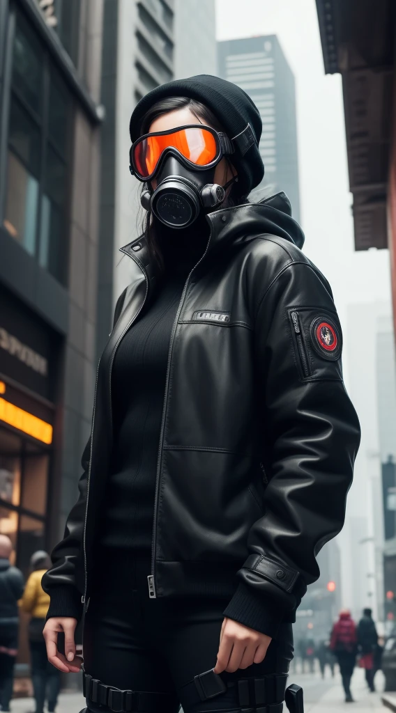 Man arafed woman wearing a gas mask and goggles in a city, futuristic gas mask, photograph of a techwear woman, hyper-realistic cyberpunk style, cyberpunk techwear, futuristic techwear, has cyberpunk style, she wear gasmask, gas mask, cyberpunk look, cyberpunk style , hyperrealistic, wojtek fus, she wear red eyed gasmask, style of cyberpunk