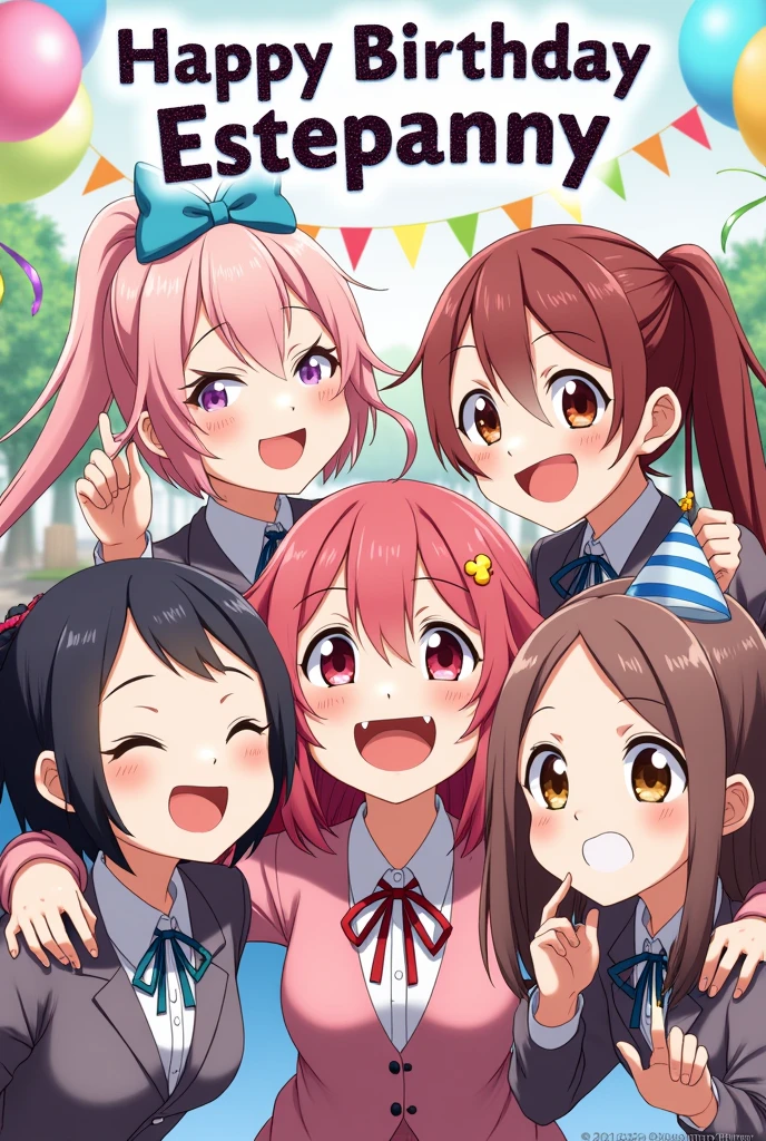 Make the characters from Intensely 2 celebrating and above them make a text that says "Happy Birthday Estepanny"