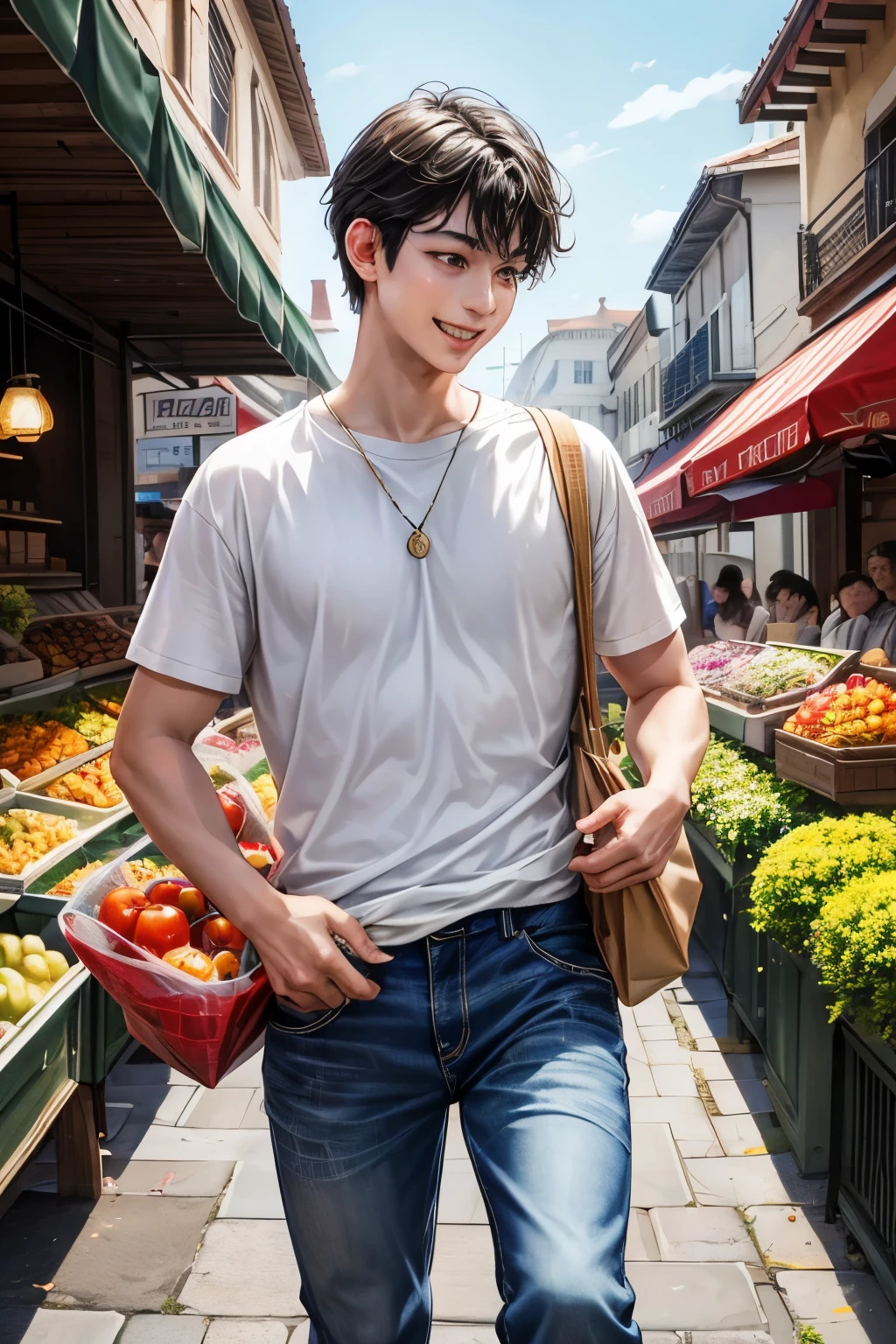 A boy, about 17 years old, is walking through a market with his hands full of tomatoes.、morning、A vibrant and bustling market atmosphere、Black Hair、Short curly hair, shiny hair、White Pokemon T-shirt、Distressed jeans、digital art、Person Up、Landscape、chain、Azure Eyes、Earrings、(((Walking happily))))、Holding a paper bag full of tomatoes、Spilling tomatoes、((A boy with a gentle demeanor、Natural look、Looks happy))、
A 16 year old girl in the background、Brown hair ponytail、Light lime green sweater、Denim shorts、Open your mouth and laugh softly、Picking up fallen tomatoes、
Natural look、Cobblestone Street、Brick-built shopping street、plant、wood、A windy morning scene、((Focus on people))、Drawing from waist to head、A slightly lower angle、Person facing right、masterpiece, best quality, ultra detailed, insanely detailed, exquisite, beautiful, absurdres, 16K, street, flower shop, cafe, bakery, fish market, fantasy, beautiful, cute, half body photo, closeup shot, macro shot, on left, low angle shot, dutch angle shot, dynamic angle