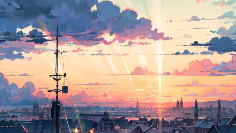 "A mesmerizing sunset scene with a girl mesmerized by the majestic golden rays of sunlight and clouds, creating an awe-inspiring and vivid color palette. Masterpiece."