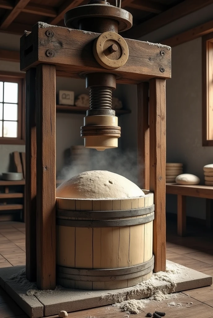 I want you to create an image according to this text a barrel of dough 1.2 tons with a hydraulic press assume that the radius of the largest piston is 2.5 m 
