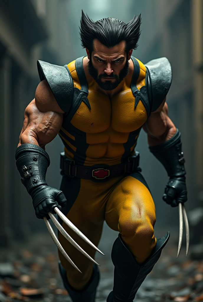 Create an image of Henry Cavill as Wolverine. He should be depicted with Wolverine's signature look: wearing a rugged, yellow and black suit with sharp claws extended. The setting should be a gritty, dark urban environment, highlighting Cavill's intense expression and muscular build. Emphasize the fierce, dynamic pose and the dramatic lighting to capture the essence of Wolverine's character