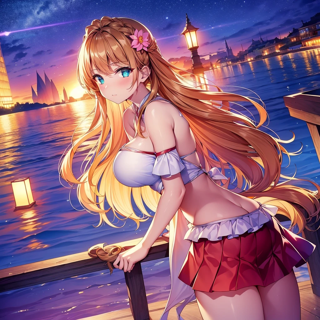(high quality, 8K, Original Characters), (fact: 1.5), (masterpiece, best quality, high resolution: 1.2), girl, Summer Night, (Smooth texture: 1.5), Sexy Skirt, Exquisite eyes, Exquisite images, Boat, river, Facing the camera, There is a big lotus behind, moonlight, breeze, firefly