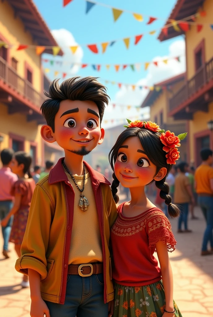Bolivian boy with cinnamon skin, half-slanted eyes and a goatee without a mustache, a slightly striking nose with dimples on his cheek and 6 moles around his lips with a chubby cinnamon-skinned girl, with dark circles under her eyes and an extroverted smile in a square where people dance in front of her