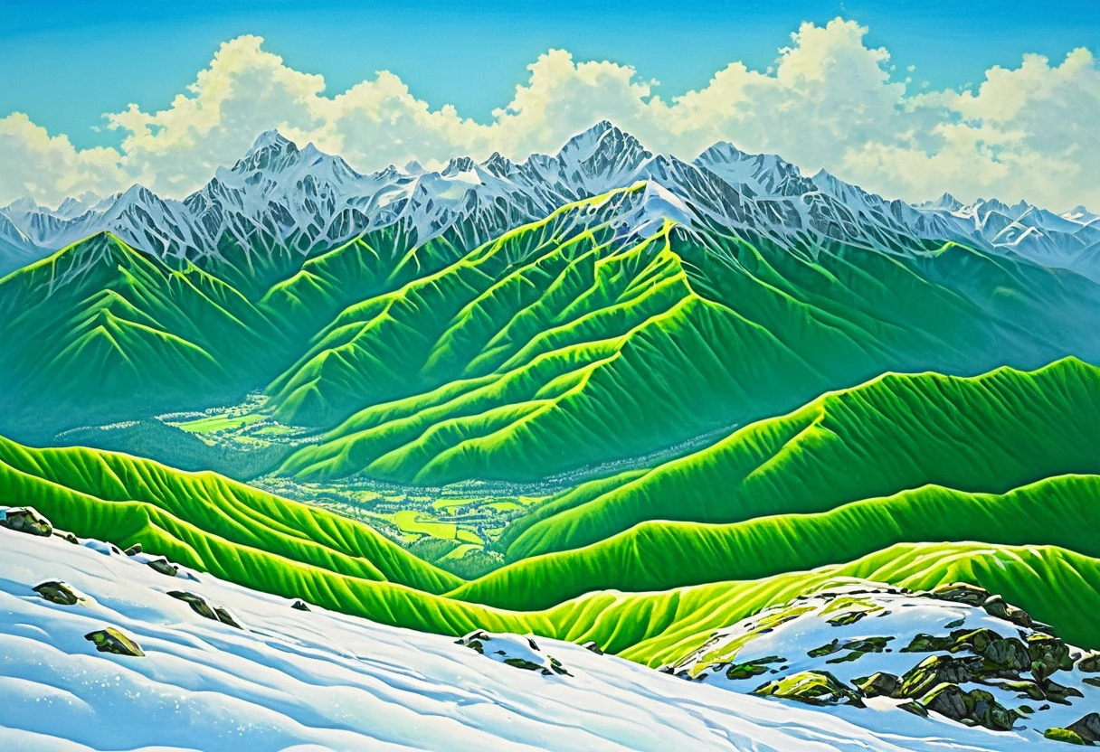 ((Masterpiece))((beautiful))((realistic))green mountain and yellow green tuorqois sky with Oren sky blue snow ,no people,size 4MB,