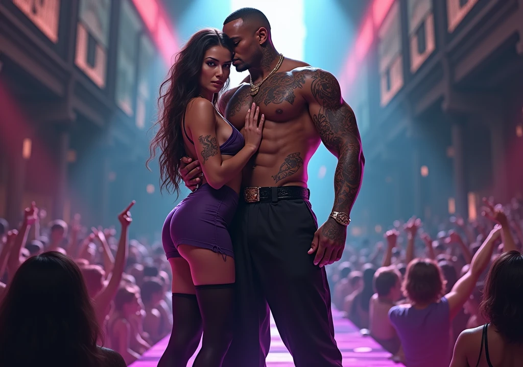 Create an image of a rapper almighty without a cap and without a jacket and next to him a pretty girl.
- Rapper clothing The rapper without a cap With tattoos on his arms With a t-shirt.
With pants.
- Girls Dressed in a top Purple skirt Long black stockings