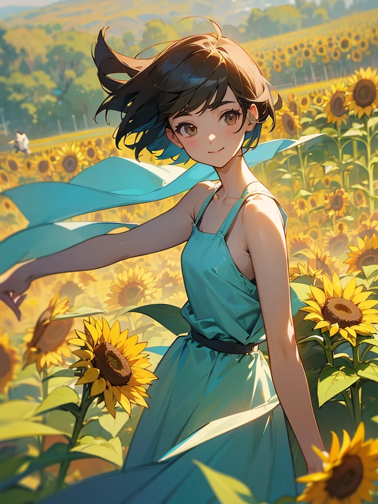 master piece, best quality, for below, cinematic angle, upper body , pigeon toed,  
Anime-style Moe illustration, summer vacation theme, 20-year-old woman, sunflower field, short hair, 
Picnic Maxi Dress, slightly inner thighs, smile, accurate drawing, Active pose, Active Angle, 