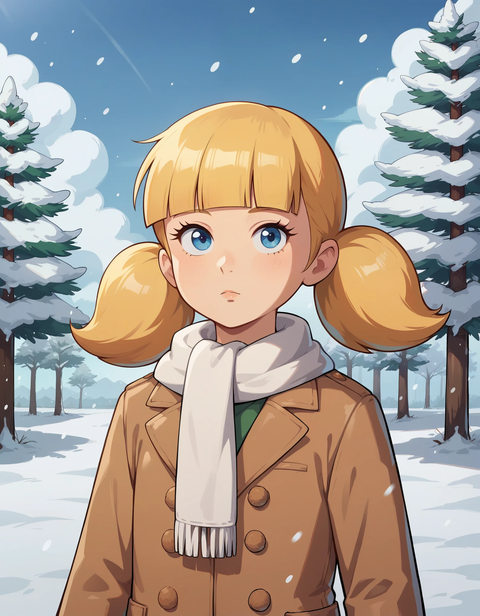 score_9, score_8, score_8_up, score_7_up, sgstyle, BREAK, 1girl, solo, female focus, 1girl, penny_ig, BREAK,
1girl, penny, blonde hair, twintails, blunt bangs, blue eyes,
winter clothes, white scarf, coat, 
expressionless, looking at viewer, outdoors, snow, snowing, solo, tree, winter  