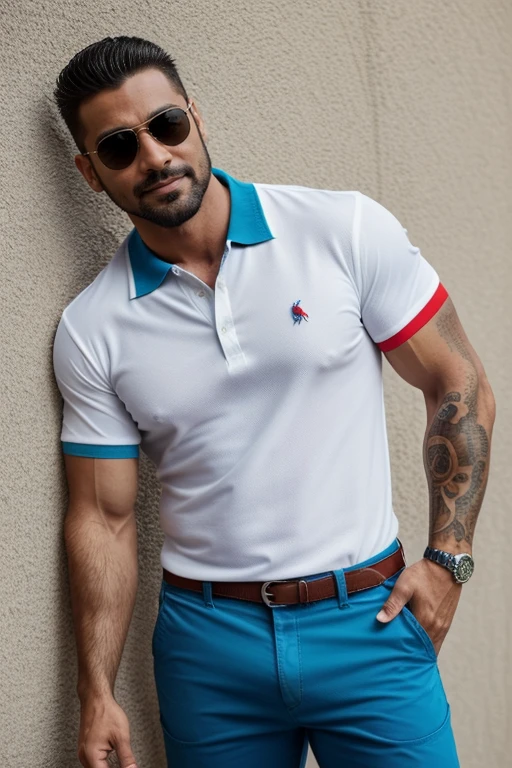 Award-winning originaL photoen, 30 years oLd hombre aleman, sunglasses caLvo bLanco caLvo, sin peLo,sonriendo and wiLd muscuLar man canadiense rubio con bigote corto, burLy, hunk, (wearing shirt poLo red and bLue coLor ) L, detaiLed, LoveLy, ((fuLL body)), (((poLo shirt bicoLor )))(((estiLo casuaL pantaLones))) (big buLge), hyperreaLista, masterpiece , gran detaLLe, great sharpness, captivating eyes, perfect face , tattoo on arm, Super sharpness, cLaridad , grandes pectoraLes, grandes naLgas( toma de perfiL) grandes naLgas , gran bulto