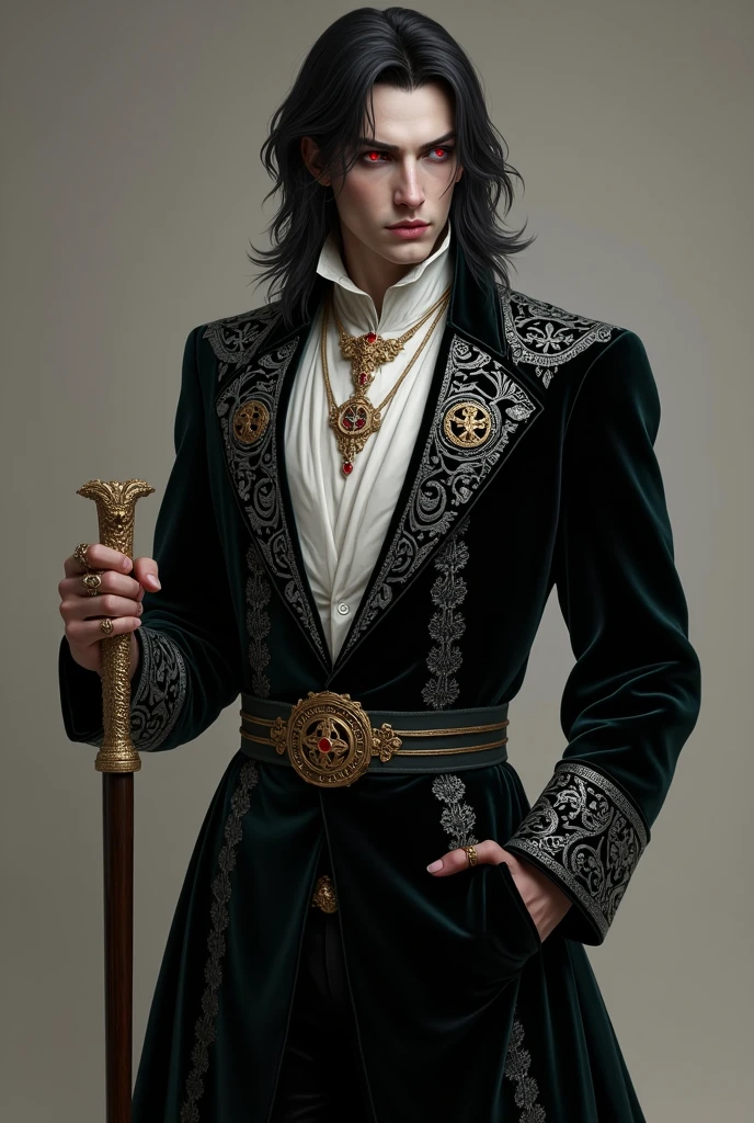 
Lorde Kael of Ashen é um vampiro de estatura mediana, with a presence that mixes elegance and a touch of mystery. Their eyes, of a deep red, seem to glow under the light, revealing an almost hypnotic aura. He has pale skin that further highlights his noble appearance and black hair., smooth and well-groomed, that falls to the shoulders.
Kael is dressed in a noble robe of dark velvet, adorned with silver embroidery that forms intricate patterns of geometric shapes and ancient symbols. The tunic is open at the chest, revealing a shirt of seda branca impecável. A thin gold belt, with a dragon-shaped clasp, keeps the suit tight. He wears fitted pants and polished leather boots that make little noise when he walks..
Her gold necklace is adorned with an elegant ruby, that shines brightly. He carries a cane with a handle shaped like a snake&#39;s head., that hides a sharp and well-honed blade. Your rings are discreet, but each is adorned with precious stones that reflect their wealth and status.
Lord Kael is cunning and calculating, using his noble appearance to infiltrate the upper echelons of society and gather valuable information. His manner of speaking is soft and polite., but always with a touch of calculated coldness. He is a master of manipulation and has a presence that can be both captivating and intimidating..

**name**: Lorde Kael of Ashen

**Description**:
Lorde Kael of Ashen é um vampiro de estatura mediana, with a presence that mixes elegance and a touch of mystery. Their eyes, of a deep red, seem to glow under the light, revealing an almost hypnotic aura. He has pale skin that further highlights his noble appearance and black hair., smooth and well-groomed, that falls to the shoulders.

**Clothing**:
Kael is dressed in a noble robe of dark velvet, adorned with silver embroidery that forms intricate patterns of geometric shapes and ancient symbols. The tunic is open at the chest, revealing a shirt of 