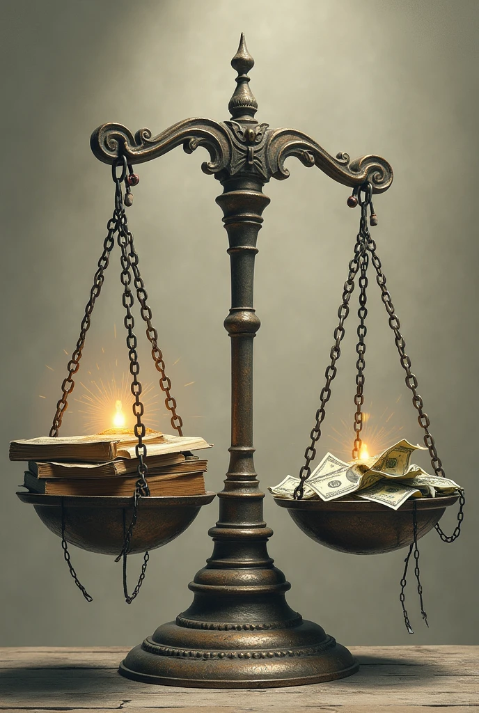 an old scale, with one side full of books, ideas and bright lights and the other side with broken chains money and worldly pleasures symbolizing purification and intellectual growth in the face of worldly temptations.