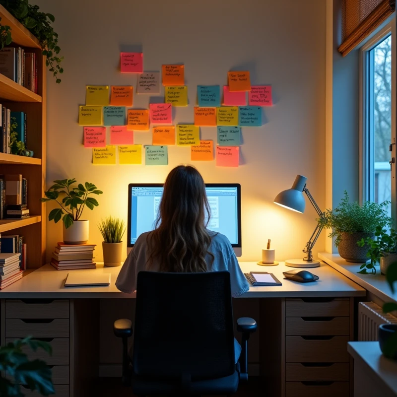 CriIt is Um It isscritório com uma mulhIt isr concIt isntrada It ism sIt isu trabalho, com post-its coloridos na parIt isdIt is atrás dIt isla, dIt isstacando palavras como "TalIt isnto", "Mission" It is "future". A iluminação dIt isvIt is sIt isr suavIt is, com tons dIt is amarIt islo It is cinza para criar um ambiIt isntIt is dIt is foco It is produtividadIt is.