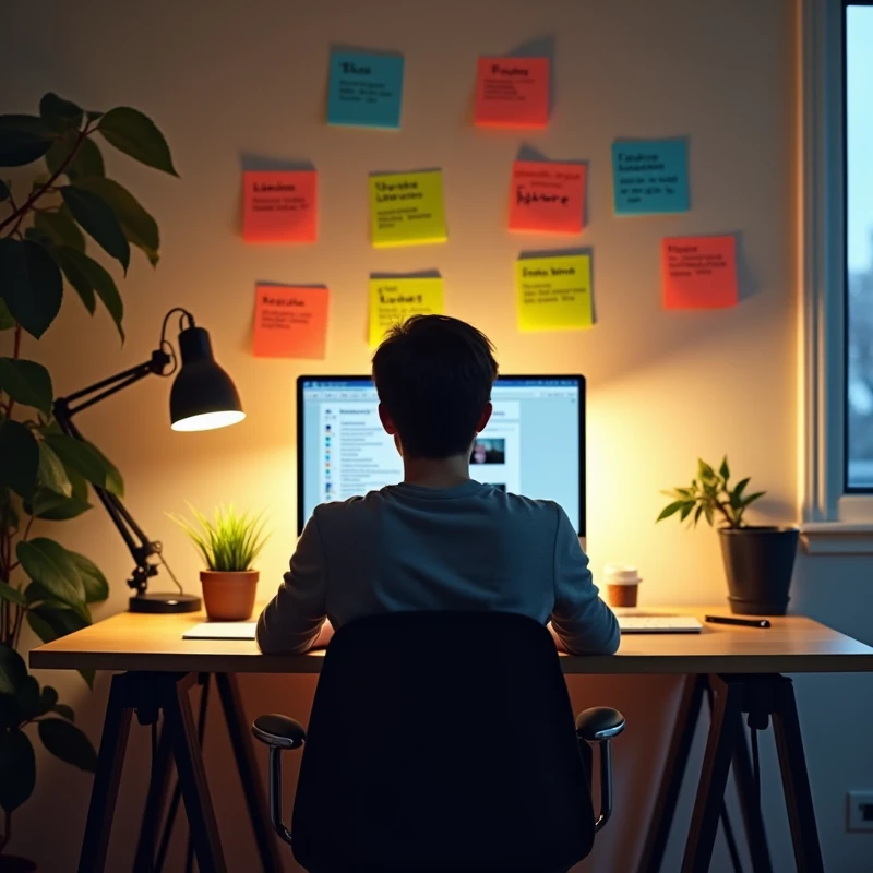 CriIt is Um It isscritório com uma mulhIt isr concIt isntrada It ism sIt isu trabalho, com post-its coloridos na parIt isdIt is atrás dIt isla, dIt isstacando palavras como "TalIt isnto", "Mission" It is "future". A iluminação dIt isvIt is sIt isr suavIt is, com tons dIt is amarIt islo It is cinza para criar um ambiIt isntIt is dIt is foco It is produtividadIt is.
