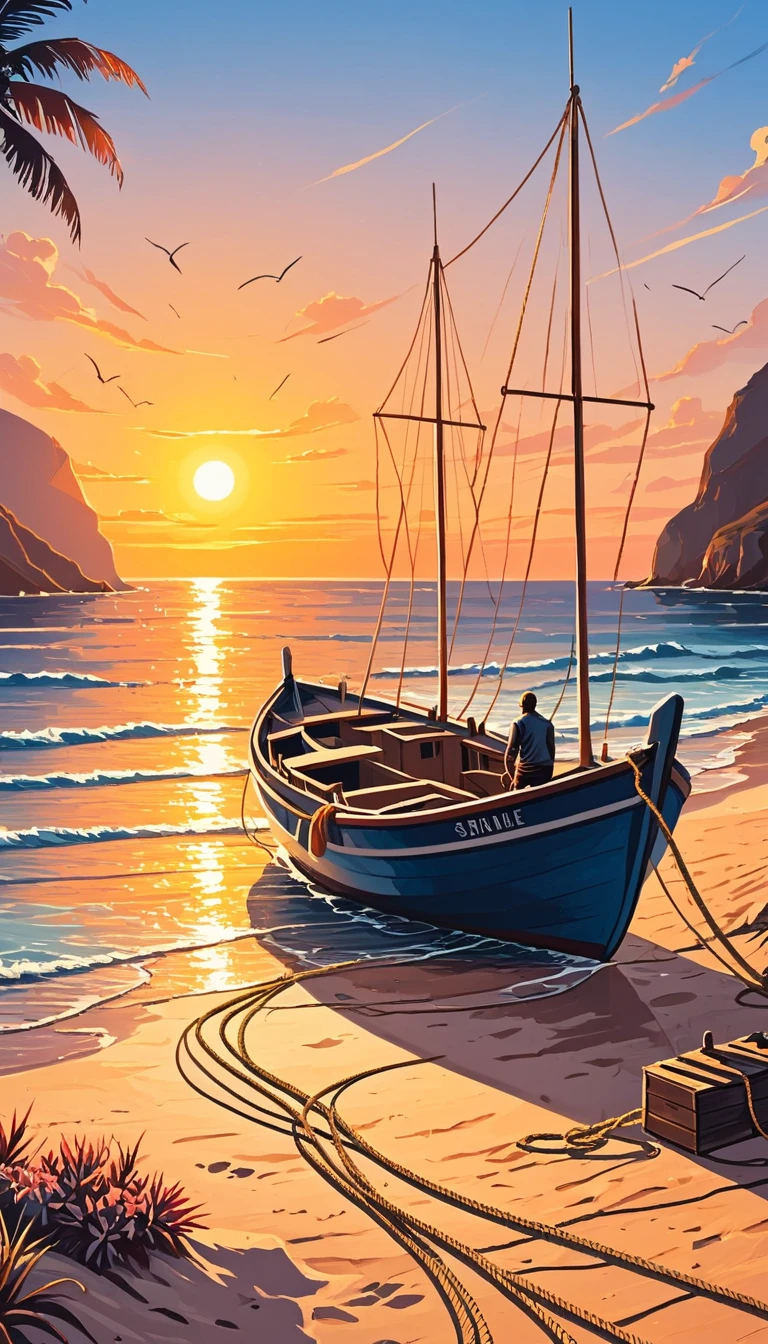canvas painting, vector lines, a man, on the beach, on a boat, untying the boat's mooring rope, preparing to sail the ocean, beautiful sunset atmosphere,