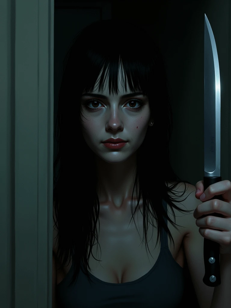 In a dimly lit room、A woman's face staring blankly、A surly smile and thin lips、Woman holding a knife tightly。 -Imagine this.。