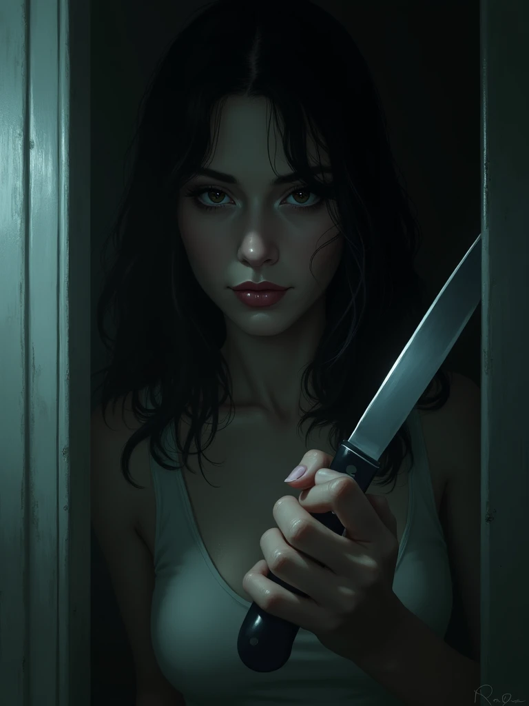 In a dimly lit room、A woman&#39;s face staring blankly、A surly smile and thin lips、Woman holding a knife tightly。 -Imagine this.。