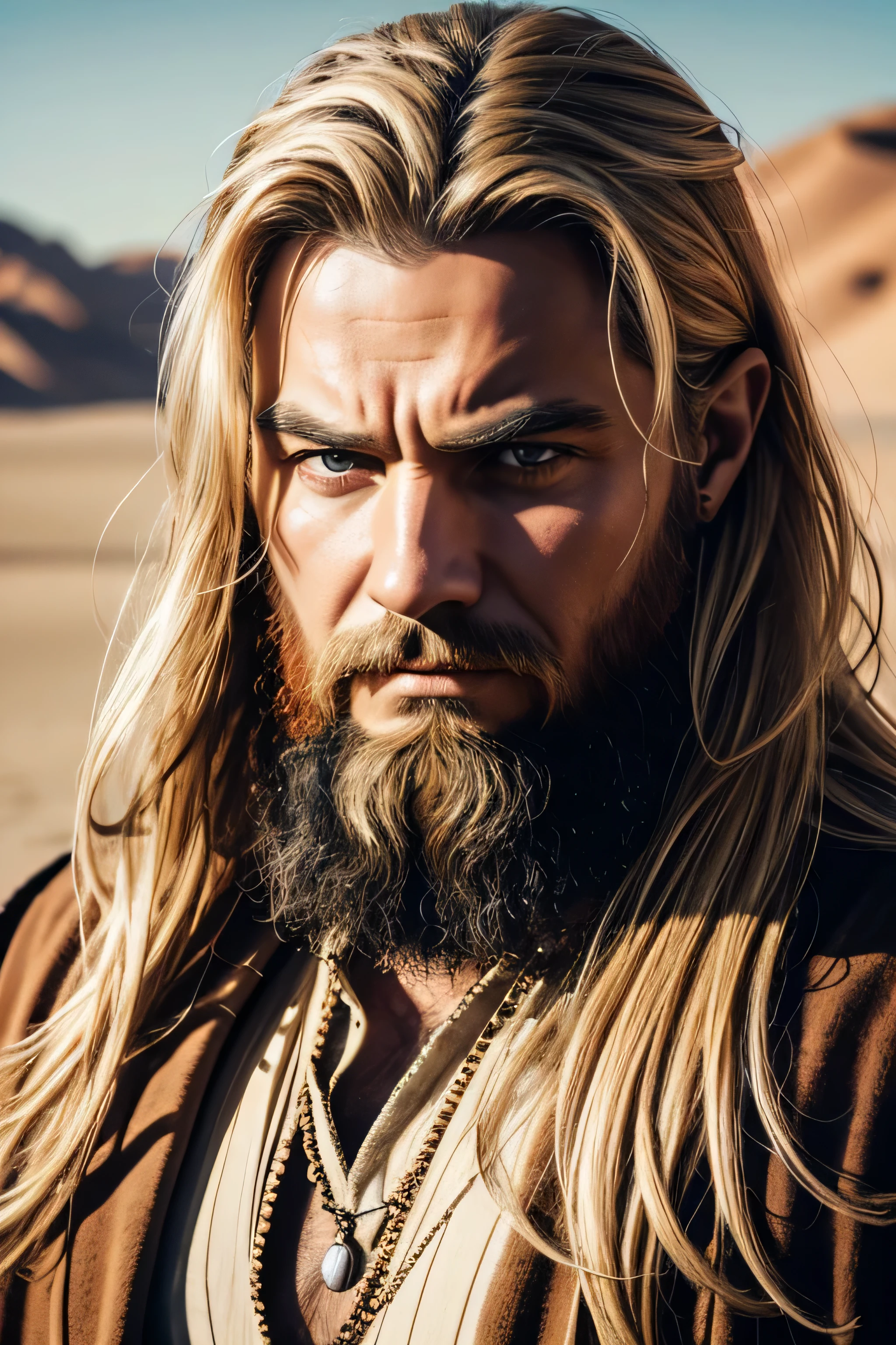 1 male viking, long blond hair, rough beard, wearing a caftan, ugly face, looking angry, 30 years old, desert background, absurdres, high res, ultrasharp, 8K, masterpiece, the image should be of absurd resolution and high detail. It should be ultra-sharp and available in 8K resolution, representing a masterpiece in image quality.