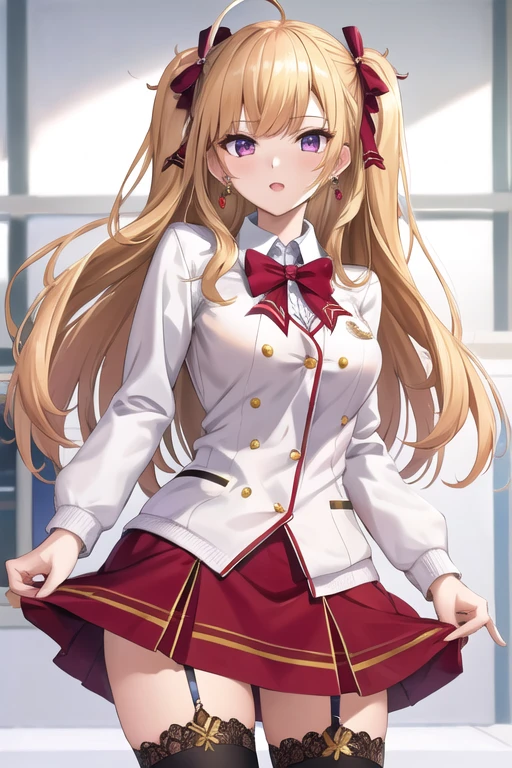 ultra-detailed,
master piece,best quality,high resolution,
beautiful eyes,detailed eyes,detailed face,
beautiful detailed eyes,symmetrical clear eyes,
1girl,, hmtr, two side up, long hair, ahoge, hair ribbon, red ribbon, earrings, jewelry, red bowtie, white cardigan, medium breasts, long sleeves, red skirt, thighhighs, ツインテール