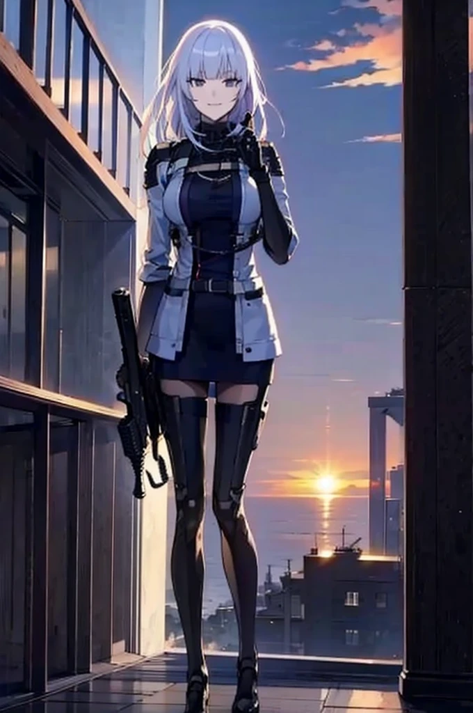 A woman from Arafed stands on a balcony overlooking the river at sunset, In the sunset, Watching the beautiful sunset, sundownに, sundown, As the sun sets, In the sunset, Nice views, Sunset view, With the sunset, sundownに, During Golden Hour, looking sundownに, Sunset in the background, Watching the sunset, Night setting, In the spotlight, holding_gun, assault_rifle, Very detailed,, Anime Style, whole body, alone, Stylish Gunfighter Girl, Holding a steampunk long barrel pistol