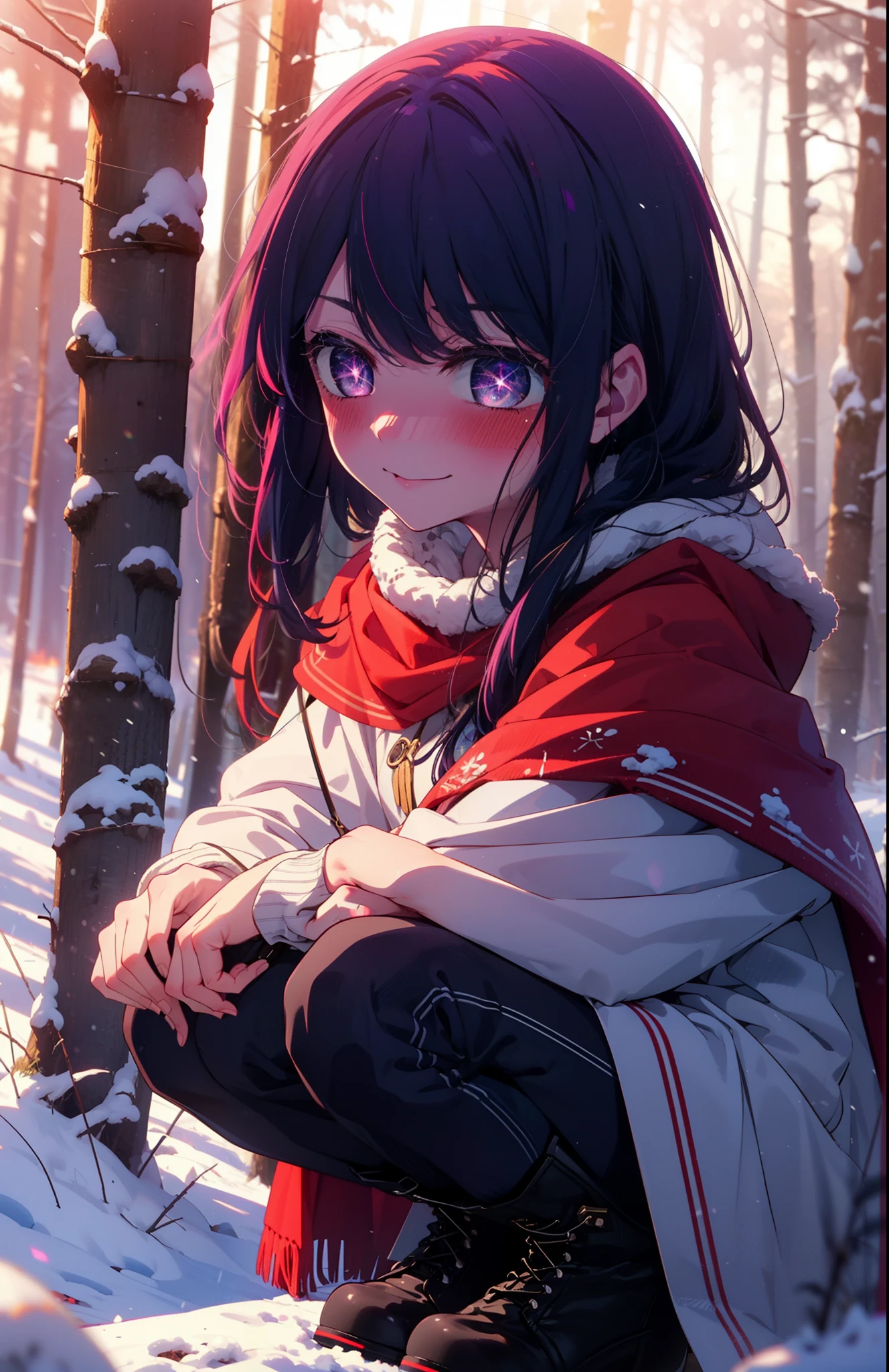 aihoshino, Ai Hoshino, Long Hair, bangs, (Purple eyes:1.1), Purple Hair, (Symbol-shaped pupil:1.5), smile,,smile,blush,white breath,
Open your mouth,snow,Ground bonfire, Outdoor, boots, snowing, From the side, wood, suitcase, Cape, Blurred, , forest, White handbag, nature,  Squat, Mouth closed, Cape, winter, Written boundary depth, Black shoes, red Cape break looking at viewer, Upper Body, whole body, break Outdoor, forest, nature, break (masterpiece:1.2), Highest quality, High resolution, unity 8k wallpaper, (shape:0.8), (Beautiful and beautiful eyes:1.6), Highly detailed face, Perfect lighting, Extremely detailed CG, (Perfect hands, Perfect Anatomy),