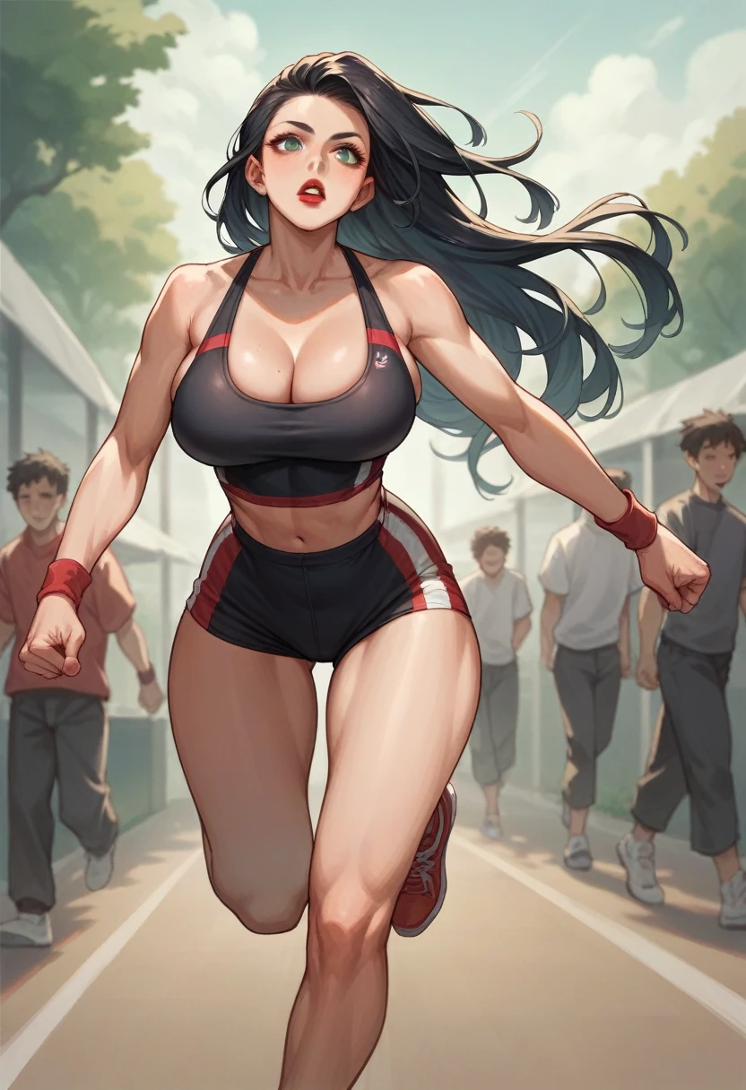Japanese woman, long straight black hair, intense green eyes, Red lips, dressed in a sensual black gymnast outfit with red and purple. , Long, shapely legs running around the gym