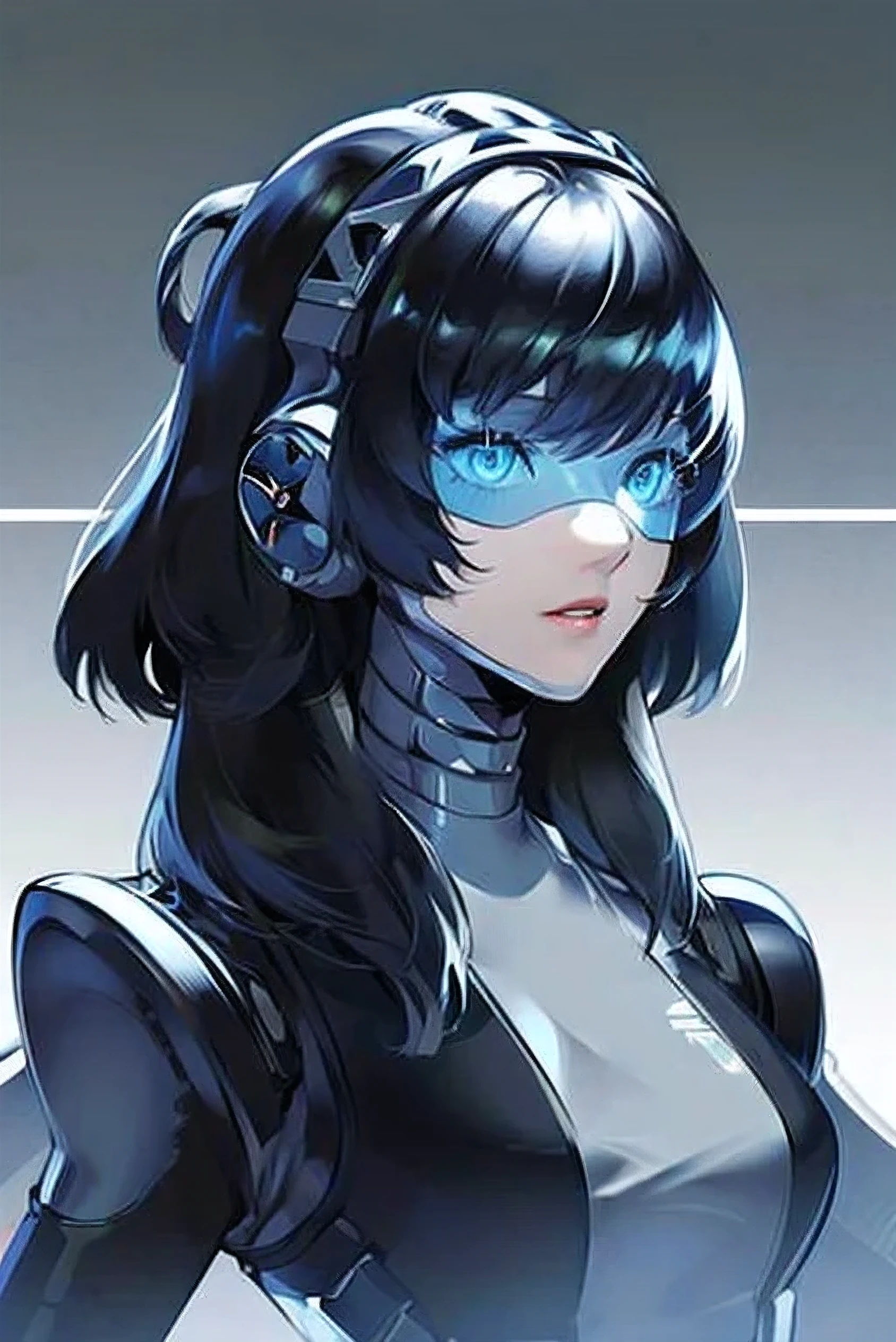 empty eyes,robotized woman ,big bust,Robot Joint ,Metal skin,Black Suit,long hair,a suit that covers the whole body,aegis(persona3)