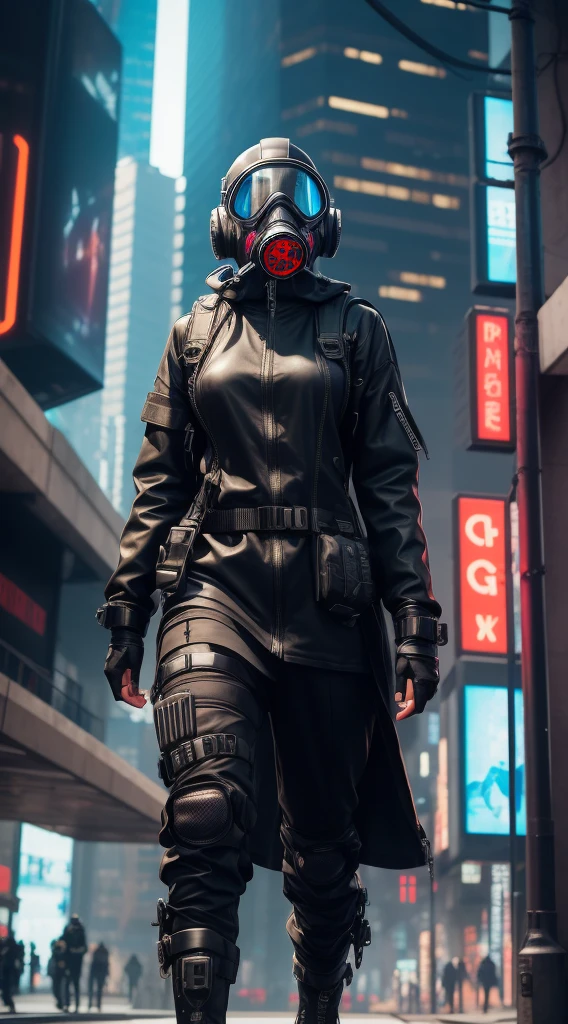 arafed Man wearing a gas mask and goggles in a city, futuristic gas mask, photograph of a techwear woman, hyper-realistic cyberpunk style, cyberpunk techwear, futuristic techwear, has cyberpunk style, she wear gasmask, gas mask, cyberpunk look, cyberpunk style , hyperrealistic, wojtek fus, she wear red eyed gasmask, style of cyberpunk