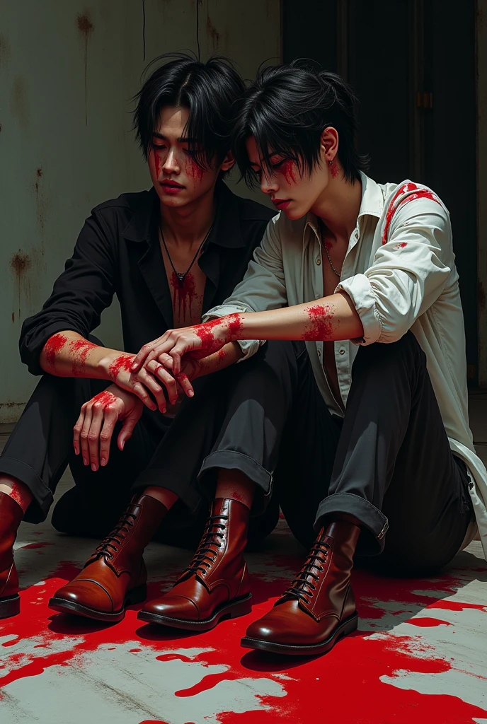 Stray Kids&#39; Hyunjin and Felix stained with blood sitting next to each other on the floor