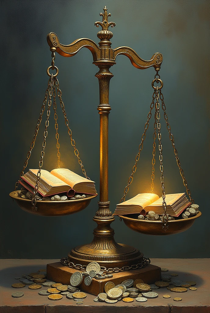an old scale, with one side full of books, ideas and bright lights and the other side with broken chains money and worldly pleasures symbolizing purification and intellectual growth in the face of worldly temptations.