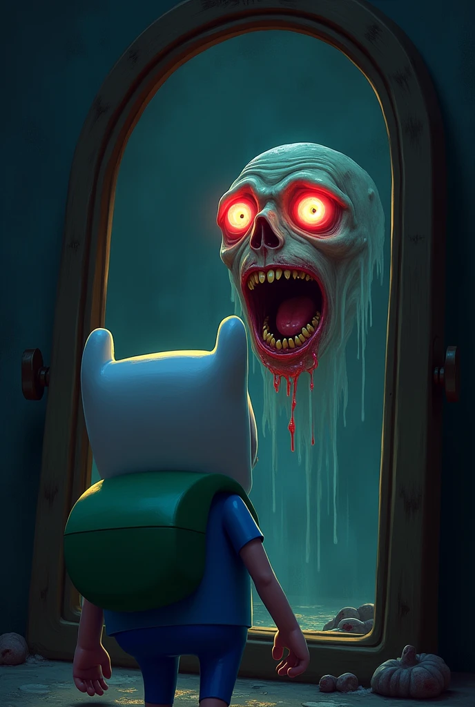 Create an image of the end of adventure time in front of the mirror with wide, red eyes and an open mouth drooling