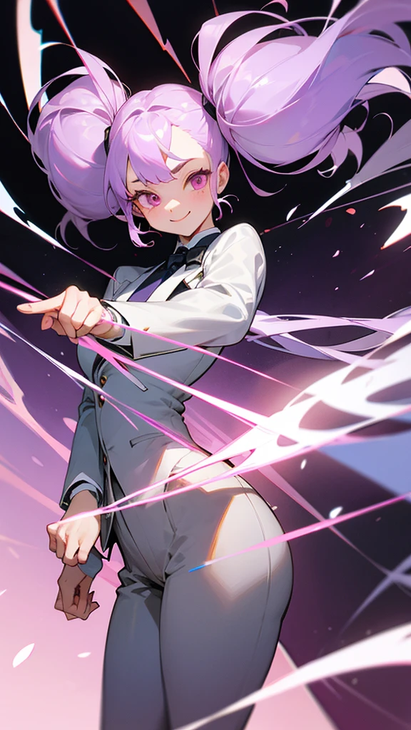 tuxedo、tie、Light purple hair、thick twin tails、Baby Face、Pink Eyes、、masterpiece, Highest quality, Anatomically correct, smile、Long trousers